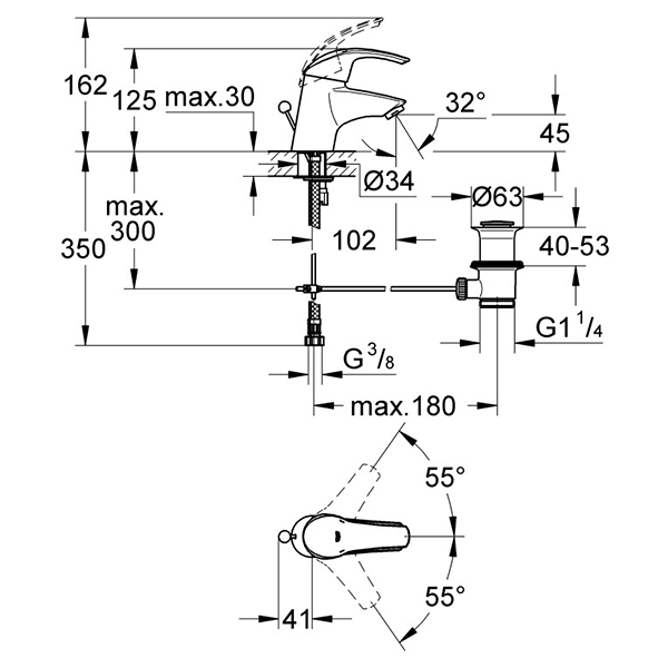 Смеситель для раковины с донным клапаном, размер S, хром Grohe Eurosmart 32925001