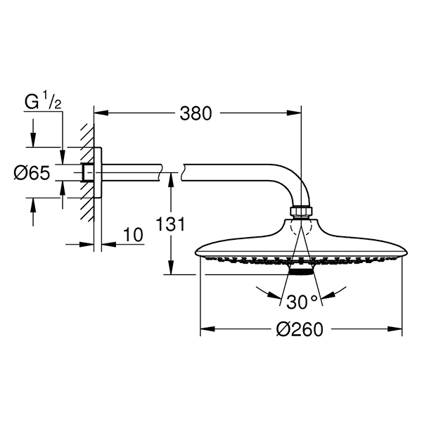 Верхний душ с кронштейном 380, 3 режима струи, хром Grohe Euphoria 260 26458000