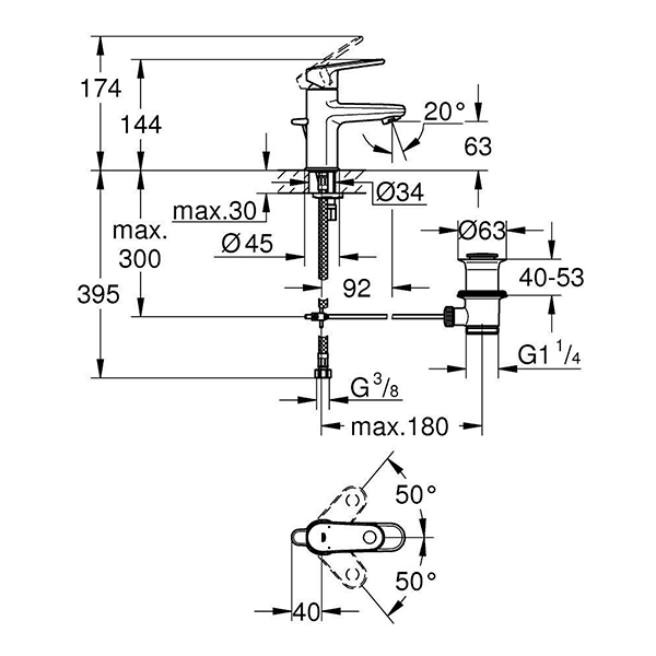 Смеситель для раковины с донным клапаном, размер XS, хром Grohe Europlus 33156002