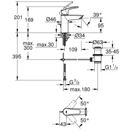 Смеситель для раковины, размер S, черный Grohe Eurosmart 332652433