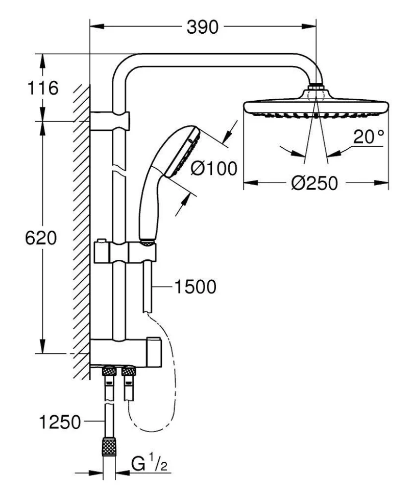 Душевая система с переключателем, черный матовый Grohe Vitalio Start System QuickFix 250 266802430