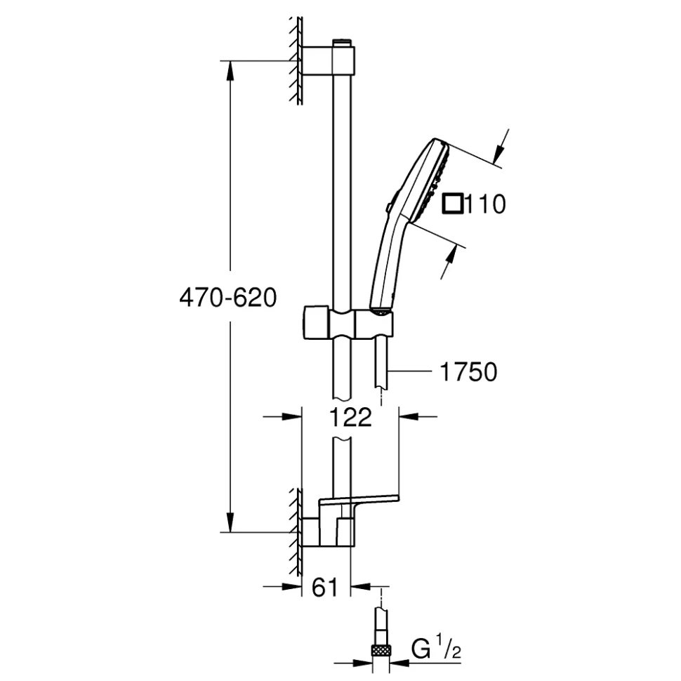 Душевой гарнитур 600, с полочкой, 2 вида струи, хром Grohe Tempesta Cube 110 26907003