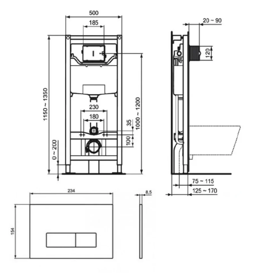Комплект 4в1: Инсталляция IdealStandard R020467 с панелью смыва, унитаз SSWW CT2076 с крышкой-сиденьем K25051209