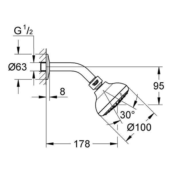 Верхний душ с кронштейном, хром Grohe Tempesta 26088001