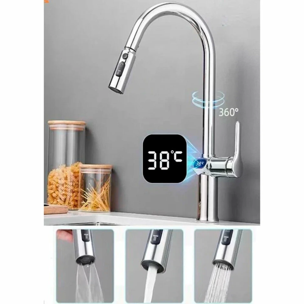 Смеситель для кухни, вытяжной излив, хром ESKO K15 LED