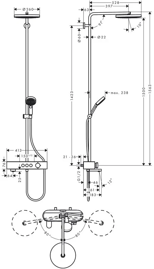 Душевая система с термостатом для ванны, хром Hansgrohe Pulsify Showerpipe 260 24230000