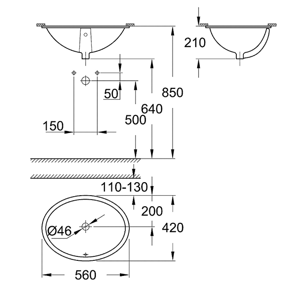 Раковина встраиваемая снизу Grohe bau ceramic 55 с переливом (560 x 420)