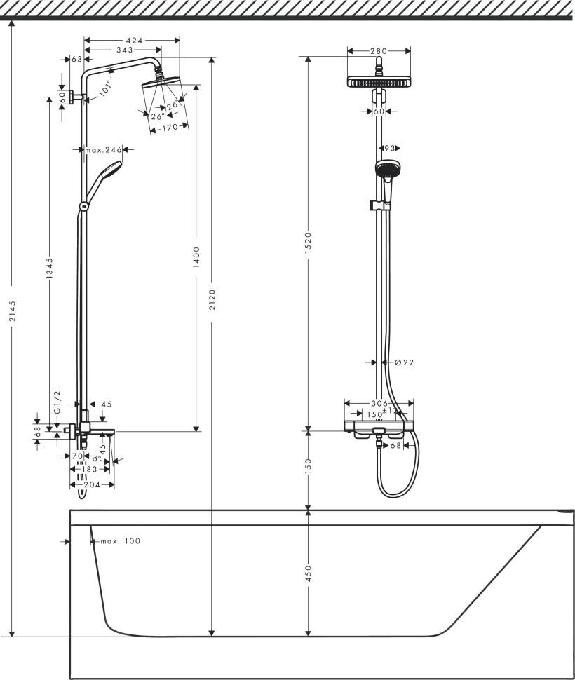 Душевая система с термостатом для ванны, хром Hansgrohe Croma E Showerpipe 280 27687000