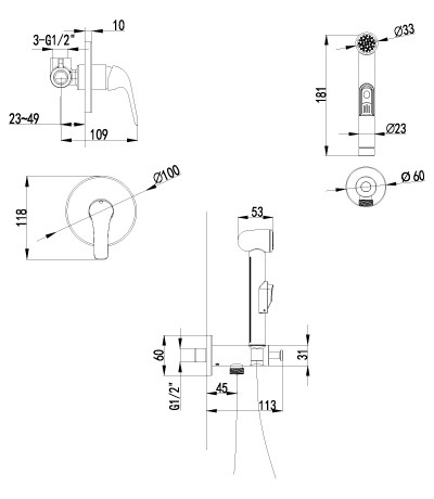 LM1219C плюс Эдванс Смеситель с гигиеническим душем, встраиваемый, хром