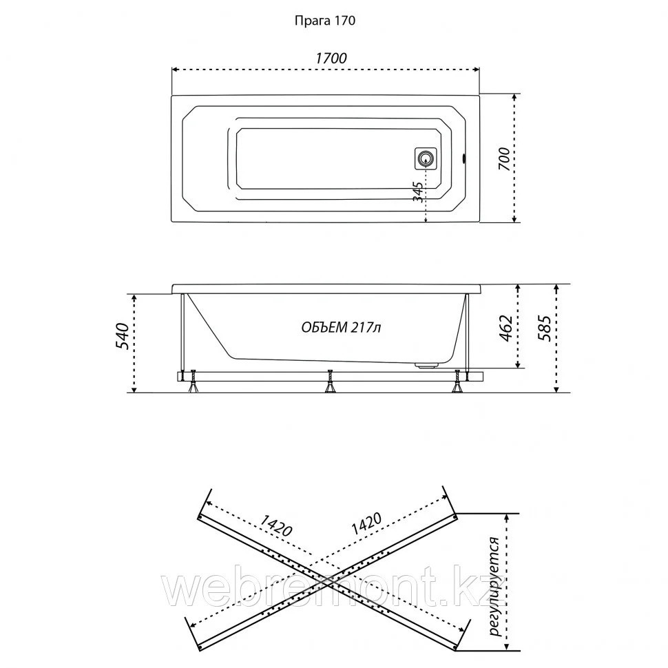 Ванна акриловая прямоугольная ТРИТОН Прага 170