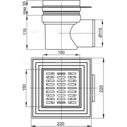 APV10 - Сливной трап 150*150/110 с боковой подводкой пластмассовый, белый