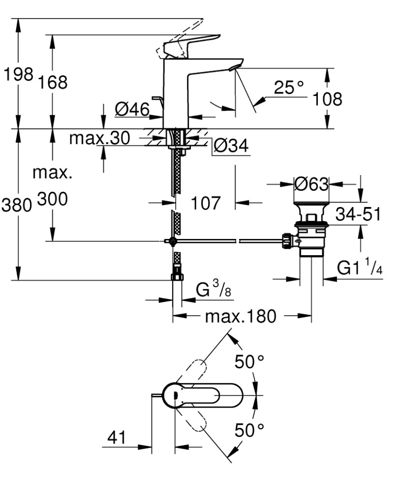 Смеситель для раковины с донным клапаном GROHE BauEdge 23758000