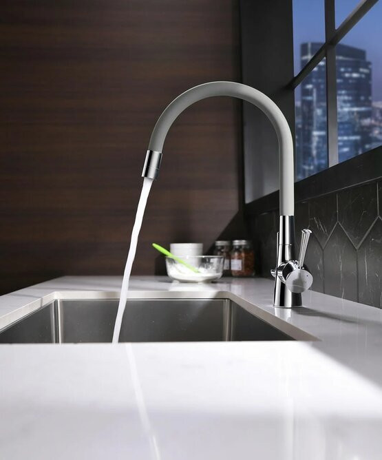 LM3075C-Gray COMFORT Смес-ль для кух, с гиб излив с подключ к фильт питьевой воды, хром/серый