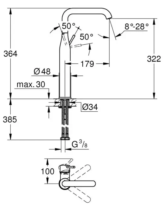 Смеситель для раковины, размер xl, темный графит матовый grohe essence 24170al1
