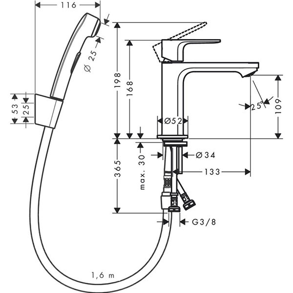 Смеситель для раковины с гигиеническим душем, черный Hansgrohe Rebris S 72215670