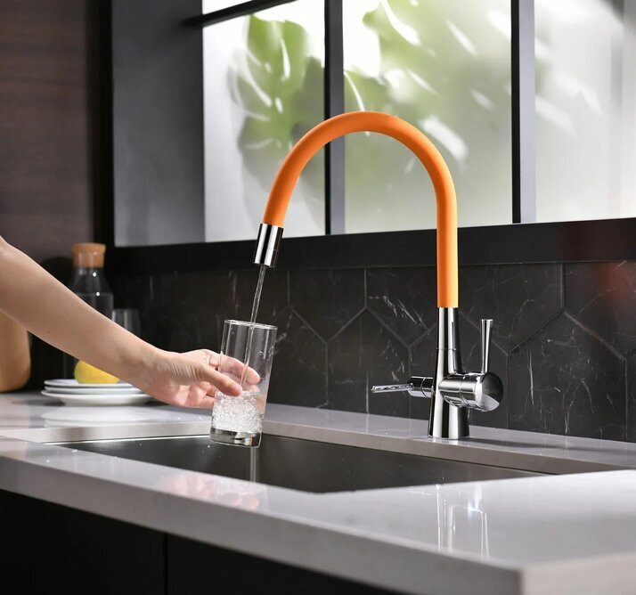 LM3075C-Orange COMFORT Смес-ль для кух, с гиб излив, с подключ к фильт питьевой воды, хром/оранже
