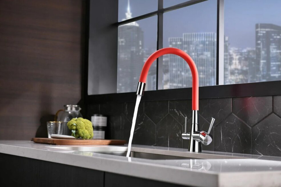 LM3075C-Red COMFORT Смеситель для кухни, с гиб излив, с подключ к фильт питьевой воды, хром/красны