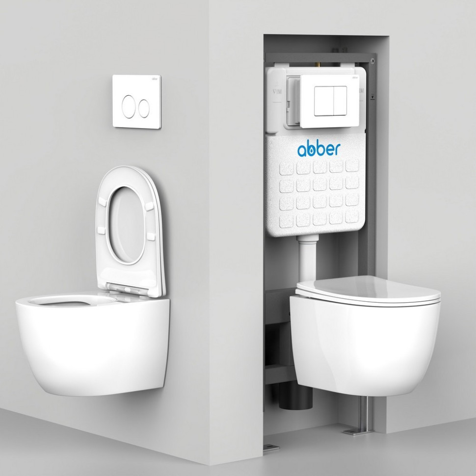 Комплект подвесной унитаз ABBER Bequem AC1100T белый с инсталляцией AC0105 и кнопкой AC0120NG никель