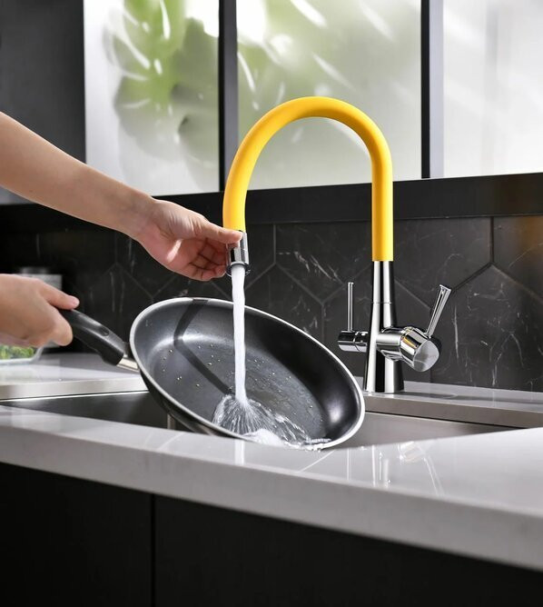 LM3075C-Yellow COMFORT Смес-ль для кух, с гиб излив, с подключ к фильтр пит-вой воды, хром/желтый