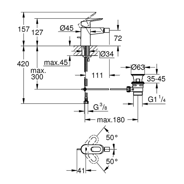 Смеситель для биде с донным клапаном, хром Grohe BauLoop 23338000