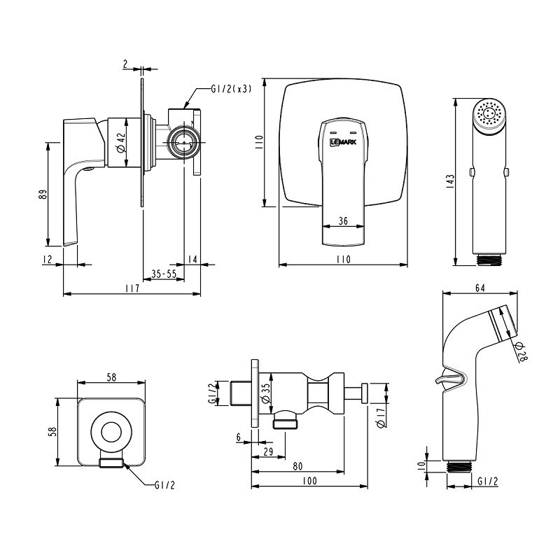 LM7219BL URSUS Смеситель с гигиеническим душем, встраиваемый, черный