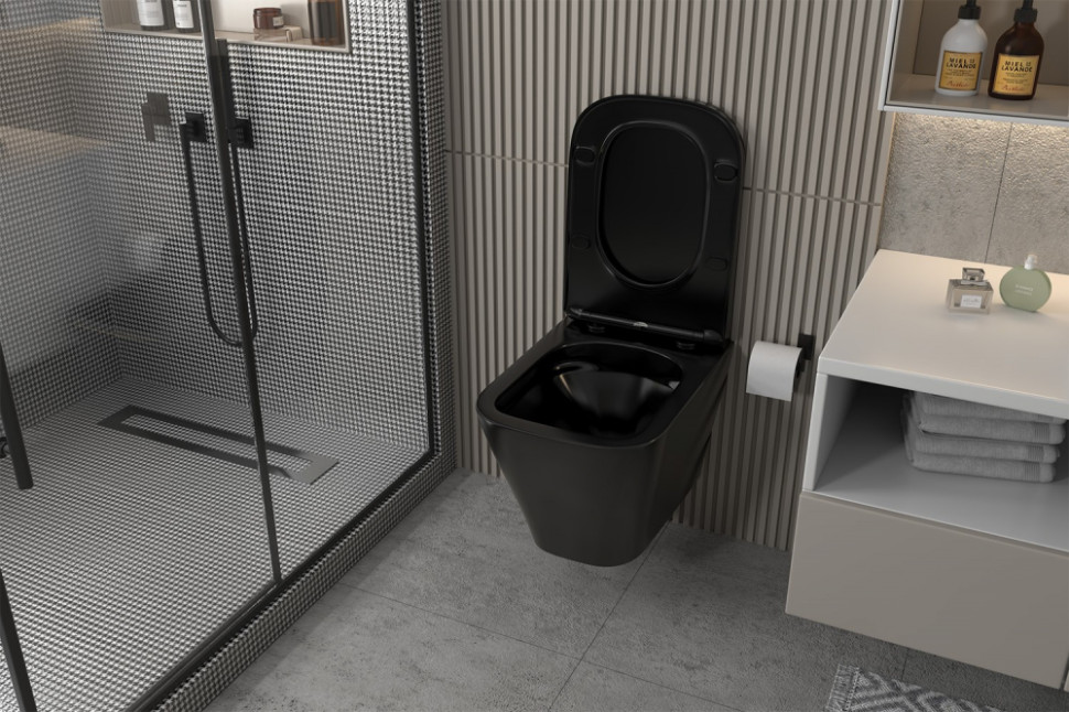 Комплект подвесной унитаз ABBER Rechteck AC1201MB черный матовый с инсталляцией AC0105 и кнопкой AC0121MW белая матовая