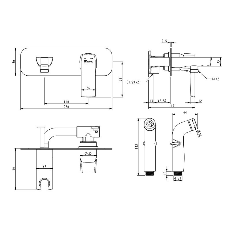 LM7220BL URSUS Смеситель с гигиеническим душем, встраиваемый, черный