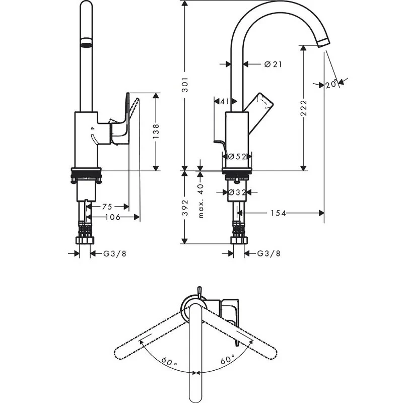 Смеситель для раковины 210, с донным клапаном, черный Hansgrohe Rebris E 72576670