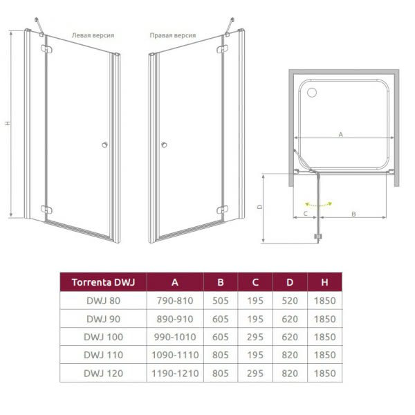 Душевая дверь 1000х1850, правая, каррэ стекло, хром Radaway DWJ Torrenta 32020-01-10N