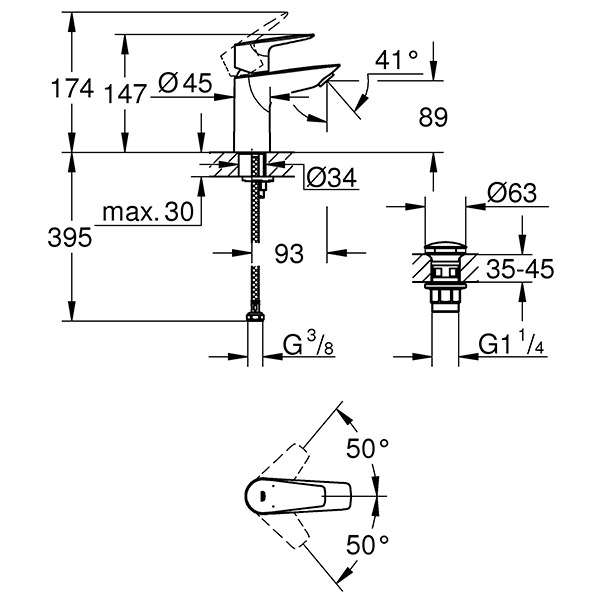 Смеситель для раковины с нажимным донным клапаном, размер S, хром Grohe BauEdge 23895001