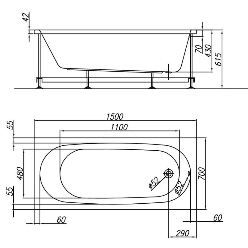 Ванна акриловая Kolpa San TAMIA 150x70 (1W28) + каркас Tamia 150x70
