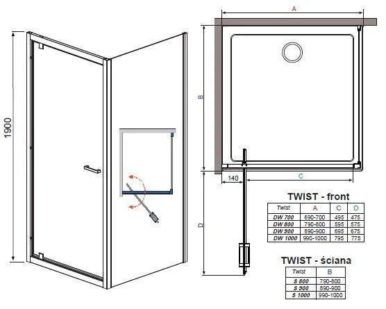 Душевая дверь 900х1900, прозрачное стекло, хром Radaway Twist DW+S 382002-01