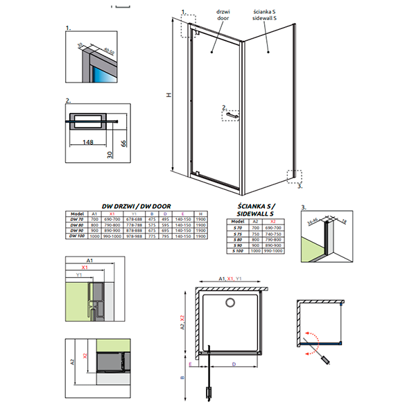 Душевая дверь 900х1900, прозрачное стекло, хром Radaway Twist DW+S 382002-01