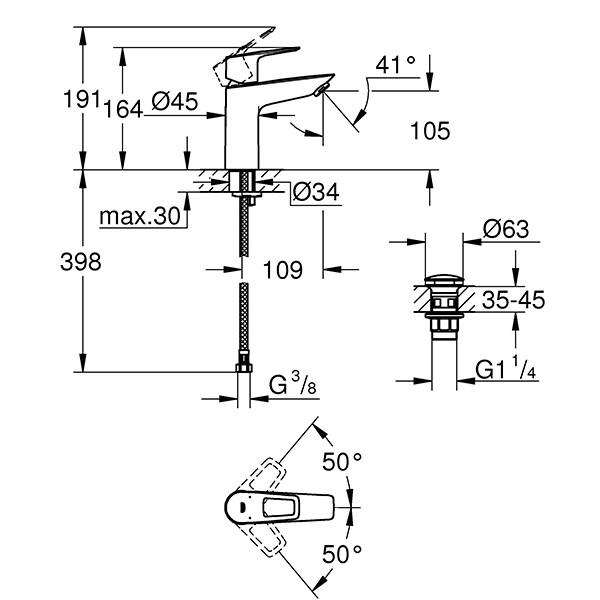 Смеситель для раковины с нажимным донным клапаном, размер M, хром Grohe BauLoop 23886001