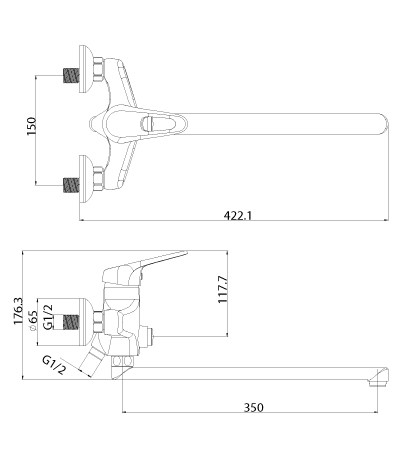 LM4157C Луна Смеситель универсальный с пл. изл. 350мм, кнопочный дивертор, хром