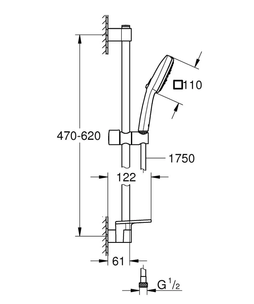 Душевой гарнитур GROHE Tempesta 110 Cube лейка 3 режима, штанга 600 мм, 13,5 л/мин, с полочкой (27929003)
