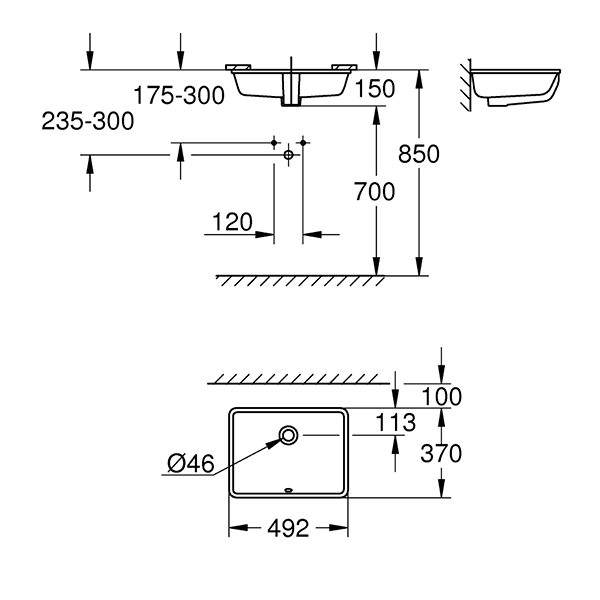 Раковина встраиваемая снизу Grohe cube ceramic 50 с переливом (492 x 370)