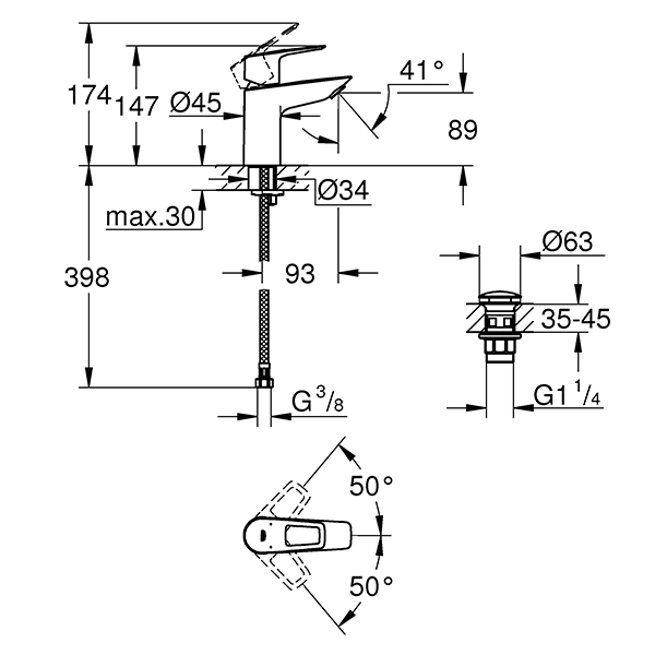 Смеситель для раковины с нажимным донным клапаном, размер S, хром Grohe BauLoop 23878001