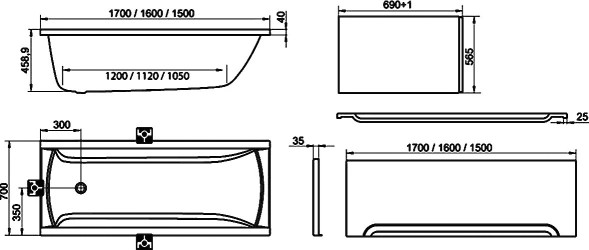 Ванна акриловая прямоугольная CLASSIC 150x70 N белая