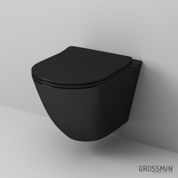 Унитаз подвесной Grossman GR-4411BS (безободковый, с тонким сиденьем) (черный) глянцевый