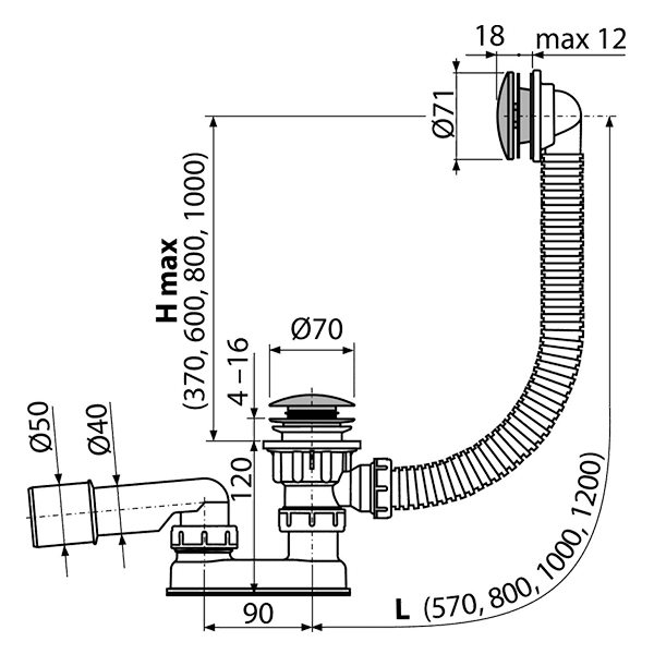 Сифон для ванны Click/Clack, хром Alсaplast A504CKM-80