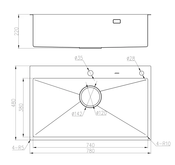 Мойка 480x780, одна чаша, нержавеющая сталь JOMOO 06203-9CZ1-1