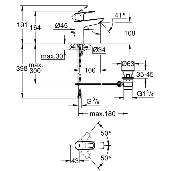 Смеситель для раковины с рычажным донным клапаном, размер M, хром Grohe BauLoop 23762001