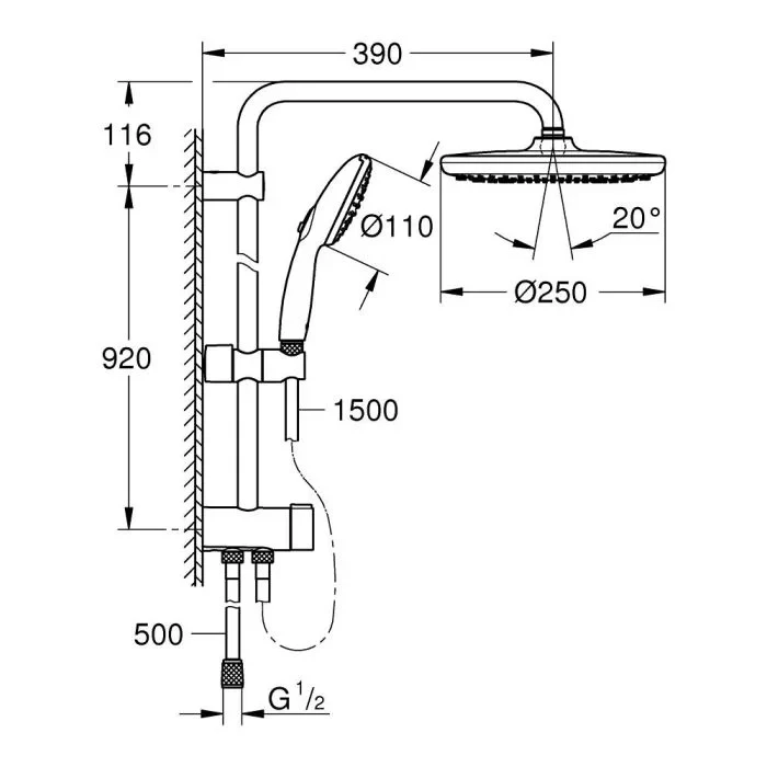 Набор для душа GROHE Tempesta System 250, с дивертором, штанга 920 мм, матовый черный (269792431)