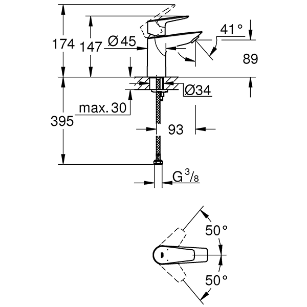 Смеситель однорычажный для раковины GROHE BauEdge DN 15 S-Size (23330001)