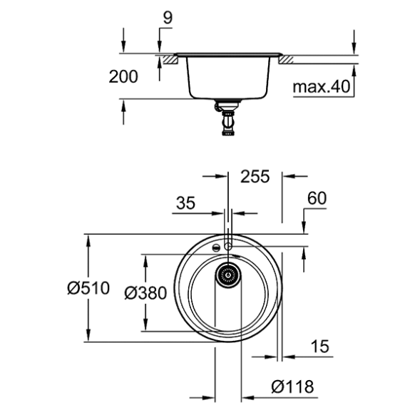 Мойка K200, композитная, с 1 чашей, 510, черный гранит Grohe 31656AP0