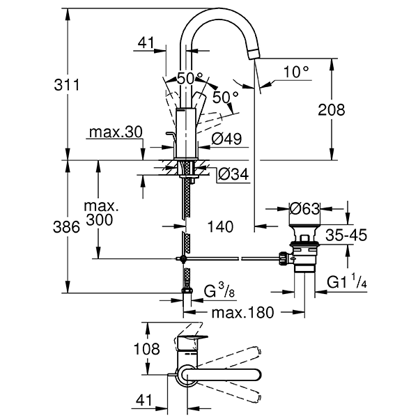 Смеситель для раковины с рычажным донным клапаном, размер L, хром Grohe BauEdge 23760001