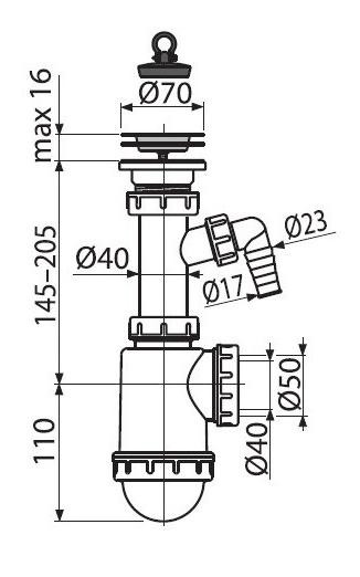 Сифон для раковины с нержавеющей решеткой d70 и подводкой Alcaplast A441P-DN50/40