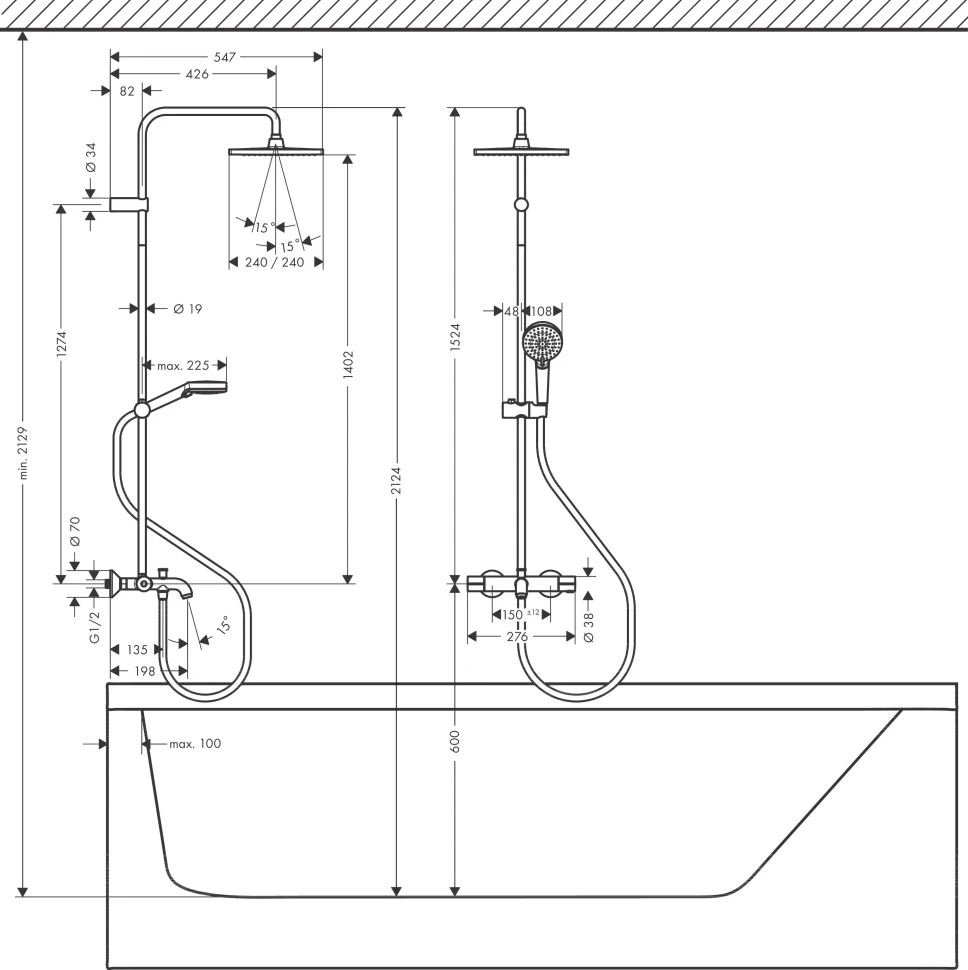Душевая система с термостатом для ванны, черный Hansgrohe Vernis Shape 240 26900670
