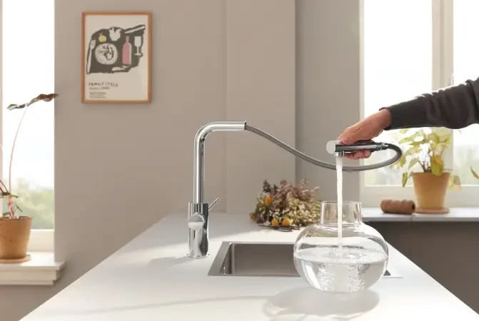 Смеситель для кухни GROHE Blue Pure Minta с выдвижным изливом и возможностью подключения фильтра, хром (30590000)